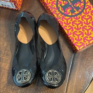 Tory Burch Black Flats with Silver Logo